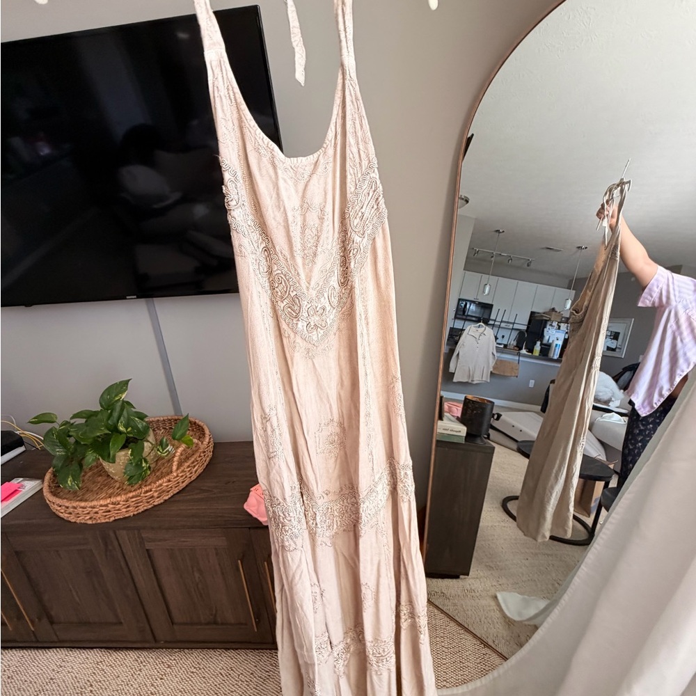 Bohemian Ruched Cream Slip Dress
